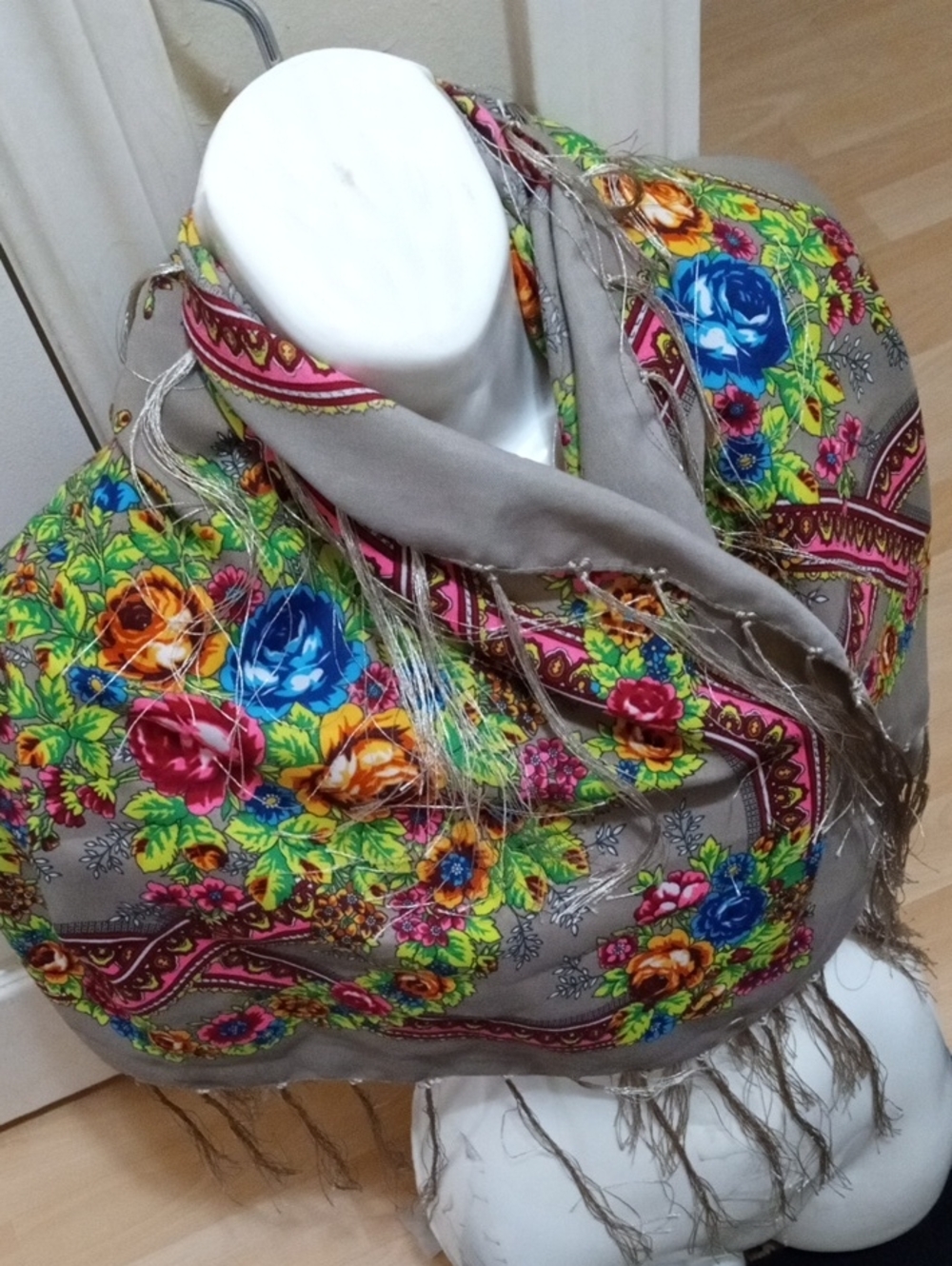 Floral Fringe Shawl Scarf in Gray with Multicolor Bloom